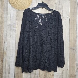 WHBM Black Lace Long Bell Sleeve Pullover Babydoll Blouse Size Medium